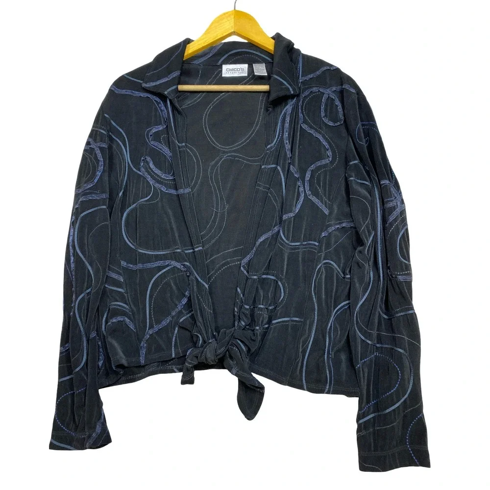 Chicos Travelers Womens Size 2 Black Blue Swirl Ribbon‎ Tie Front Cardigan Top